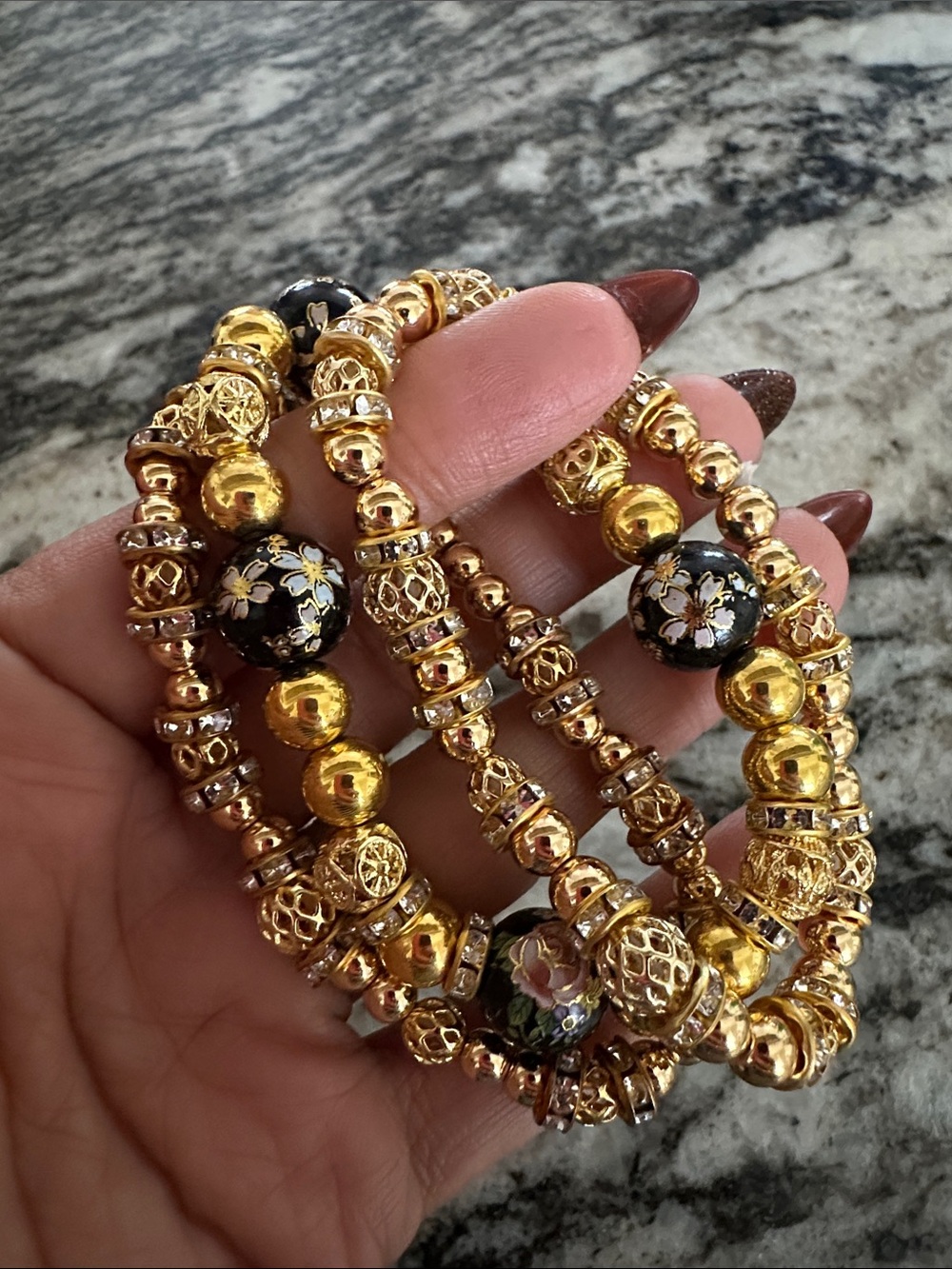 Gold-Tone Floral Beaded Stretch Bracelet - Black & Gold